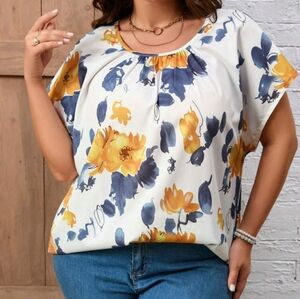 Floral Short Sleeve Scoop Neck Blouse Size XL White 100% Polyester